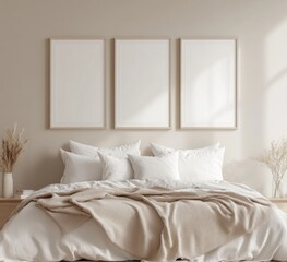 Minimalist bedroom with three blank frames above bed.