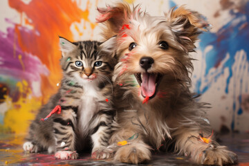 
Puppy and kitten laughing while covered in paint splatters