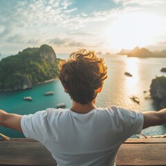 Fototapeta premium Young man enjoying scenic view tropical island travel nature