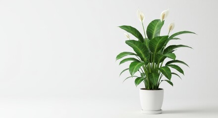 Fototapeta premium White Peace Lily in a White Pot Against a White Background