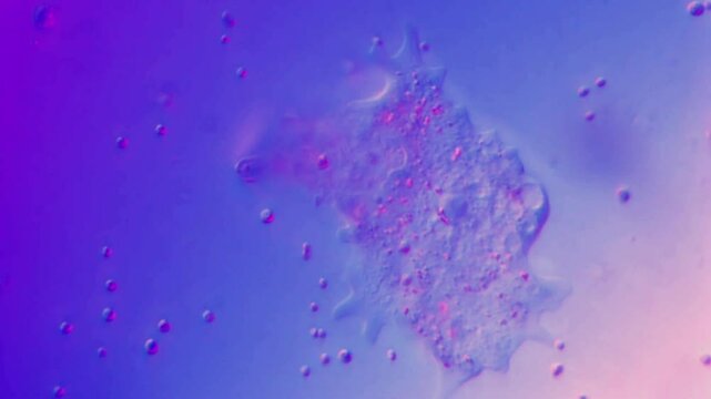 Amoeba stretches pseudopods - 400x DIC microscope, differential interference microscopic observation of amoeboid movement in freshwater, protozoa, cytoplasmic motility