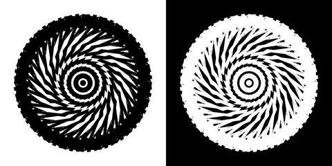 Abstract background with line pattern forming circle. Spiral art design as logo or icon. Black lines on white background and same white lines on black side. Mandala with line pattern.	