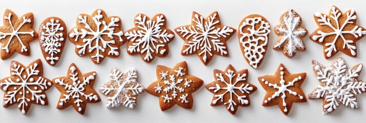 Fototapeta premium Decorative white icing adorns holiday gingerbread treats.