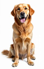Obraz premium Adult Golden Retriever illustration on isolated transparent background. Dog sits, smiles with tongue out. Furry friend, domestic pet, loyal companion, canine animal, friendly breed.