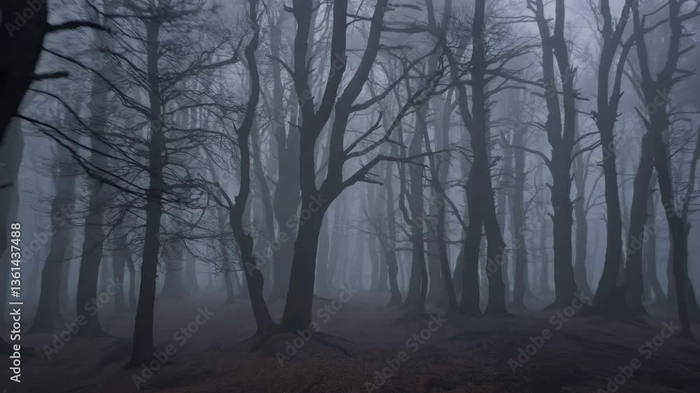 Aufkleber eerie forest video with a wide-angle view, capturing twisted trees in dense fog, creating a mysterio