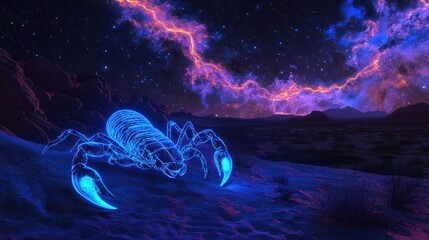 Naklejka premium Neon scorpion aglow in mystical midnight desert landscape under cosmic skies