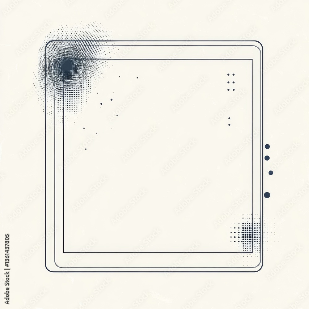 Poster abstract frame design with halftone elements, minimalist composition on off-white backdrop.