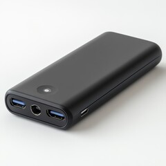 Black Power Bank with Multiple USB Ports on a White Background for Mobile Charging and Power Backup