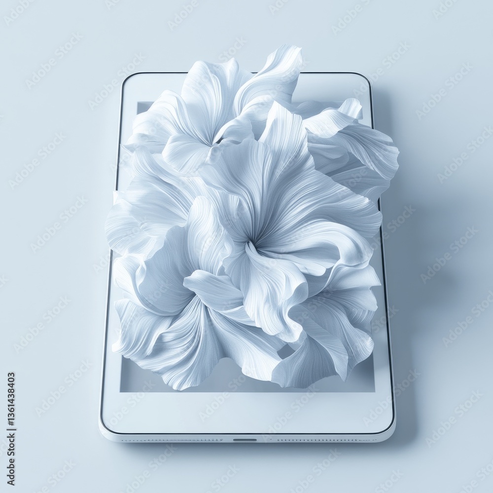 Poster digital bloom: white floral design emerging from tablet screen - modern artistic technology display