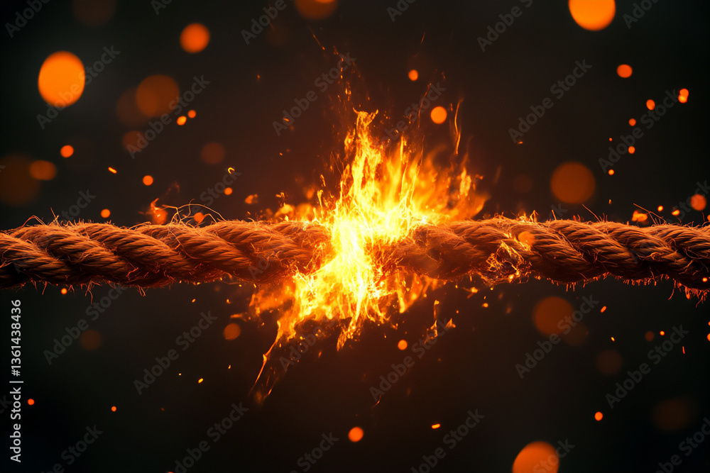 Poster a close-up of a frayed rope that is about to break. the rope is orange in color and composed of mult