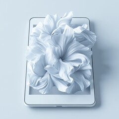 Digital Bloom: White Floral Design Emerging from Tablet Screen - Modern Artistic Technology Display