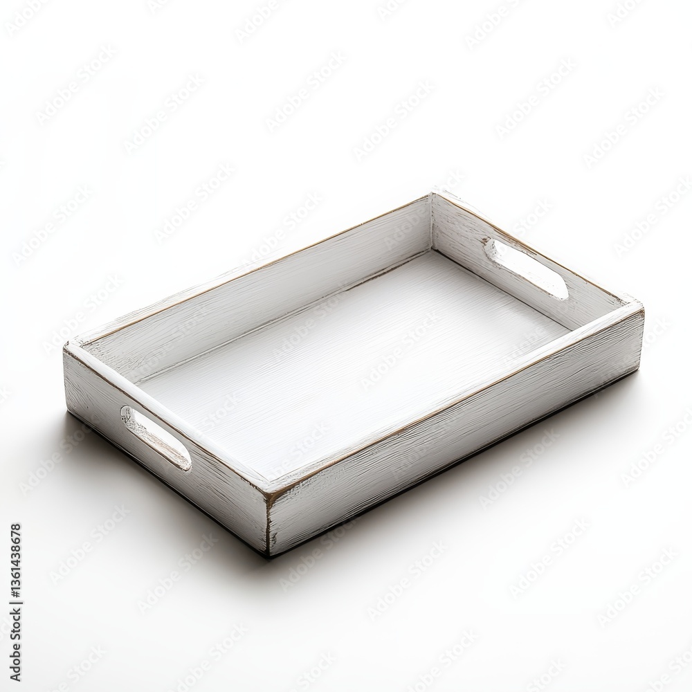Poster elegant white wooden tray with handles on a clean white surface, ready to serve breakfast or display