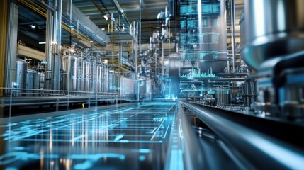 Industrial factory interior with digital interface overlays.  Advanced automated production line with interactive displays and control systems.  Modern factory environment with futuristic technology.