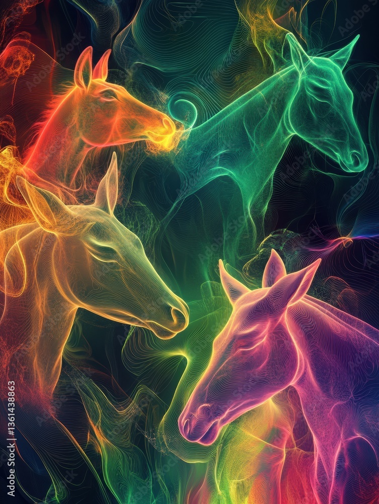 Poster surreal abstract artwork featuring ethereal outlines of farm animals in vibrant colors and dreamlike