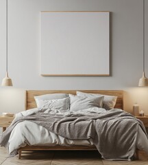 Minimalist bedroom with wooden bed, blank canvas, and soft bedding.