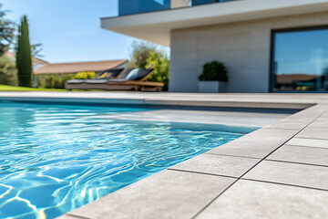 a close-up of the edge of an outdoor swimming pool, with clear blue water and ripples in the sunlight.