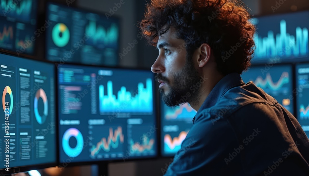 Poster man analyzes data analytics dashboard on multiple computer screens. business analyst studies diagram