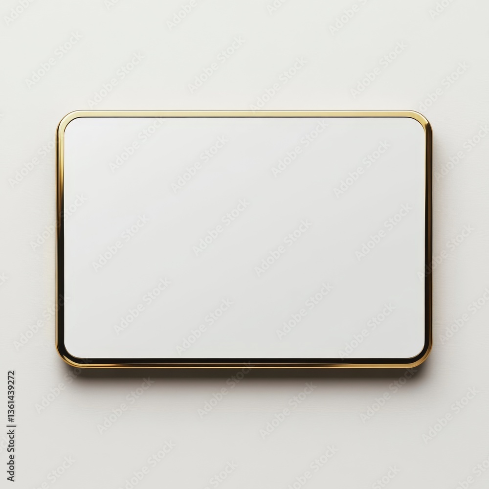 Poster minimalist empty white rectangle with golden frame on textured light gray surface, ideal for mockups