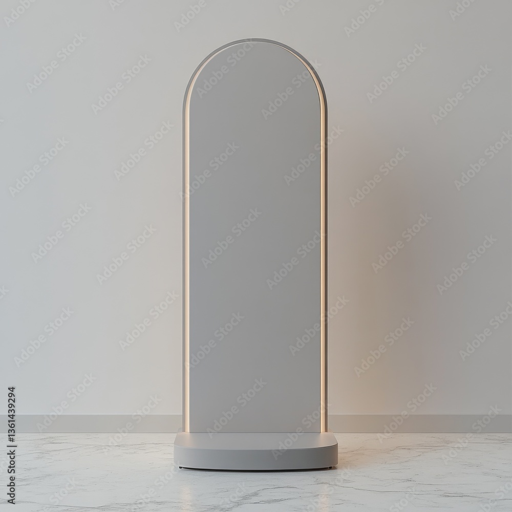 Poster Minimalist Display Stand with Arch Shape and Subtle Lighting in a Modern Interior Setting 
