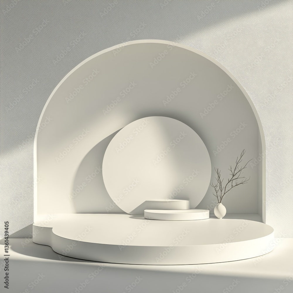 Poster minimalist podium display: product showcase on round stages against textured arch backdrop with flor