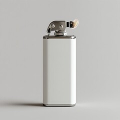 Minimalist Still Life: White Flask with Chrome Accents and Lighter Flame on Neutral Background.