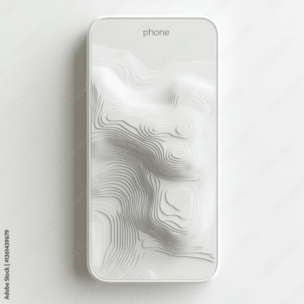 Aufkleber Minimalist White Phone with Topographic Design - Abstract and Clean Product Visualization for Mobile Technology