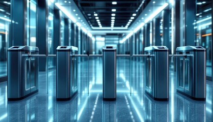 A group of sleek turnstiles stands in a high-tech building's entrance, illuminated by bright lights reflecting on polished floors