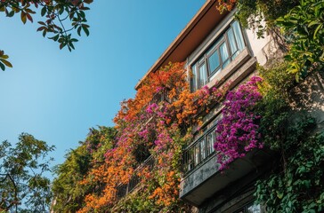 Vibrant Bougainvillea Blossoms Draping Over a Residential Building Under Clear Blue Skies in a Serene Urban Setting