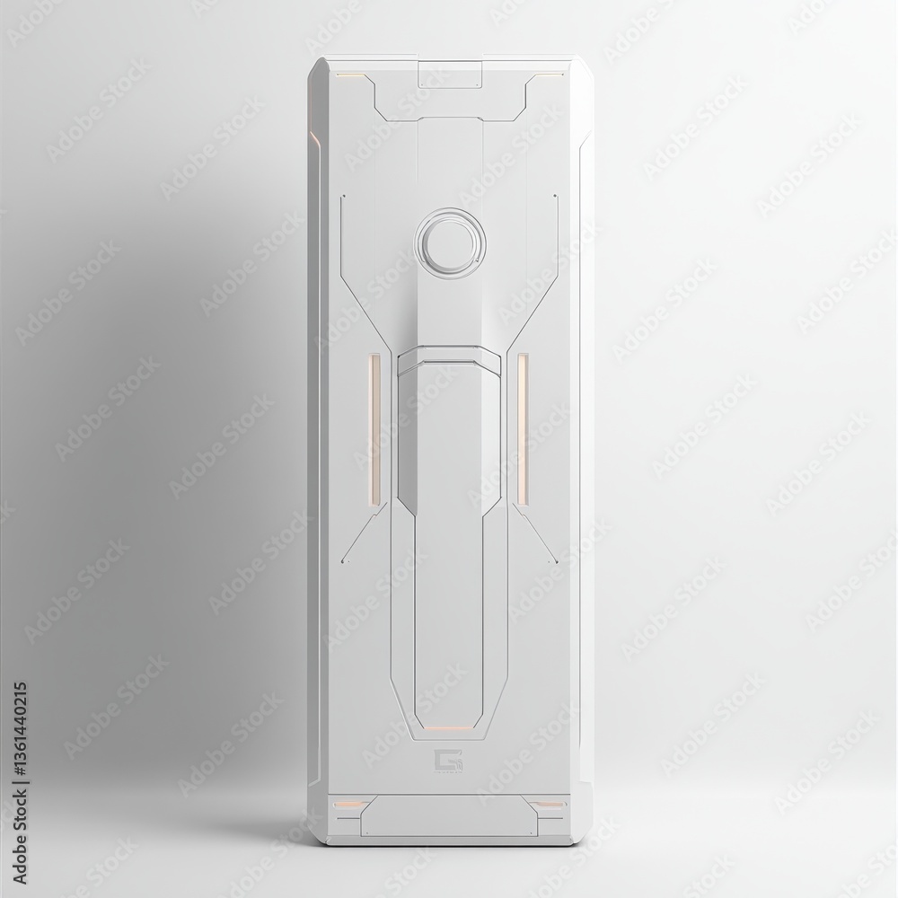 Poster modern white futuristic structure with panel details and subtle light accents, sci-fi design
