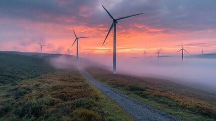 Obraz premium Expansive wind farm with turbines spinning in a beautiful landscape under a clear blue sky