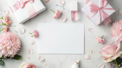 Elegant mother's day mockup with gift boxes and cosmetics for pharmacy promotion. Horizontal banner. Copy space. Holiday template, mockup with white poster, pink flowers, gift box. Top view, flat lay