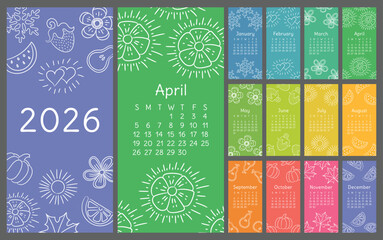 Calendar 2026 colorful hand drawn sketch. Doodle flower, heart, leaf, strawberry, watermelon, sun, snowflake, pumpkin, pear. Thin brush illustration