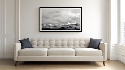 Elegant Modern Sofa with Ocean Wave Art in Minimalist Living Room Setting