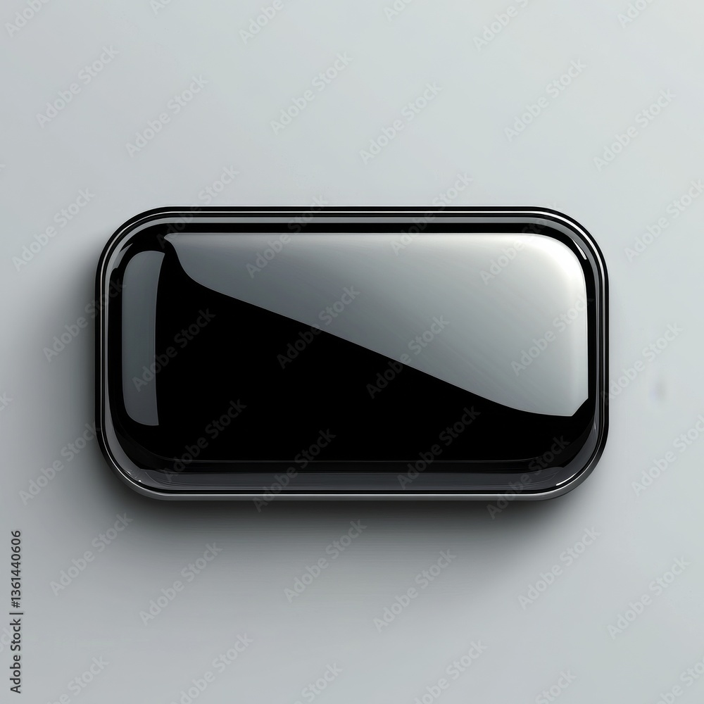 Aufkleber sleek and minimalist: a glossy black rectangle button on a plain grey background, featuring modern d