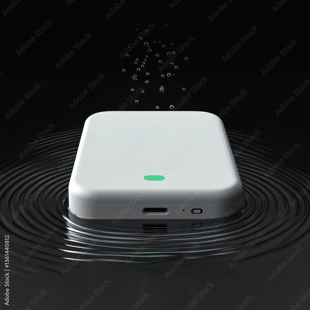 Poster sleek white device floating on water with ripples, illuminated by a green light, against a dark back