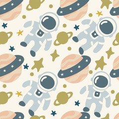 Space Astronaut Seamless Pattern with Planets