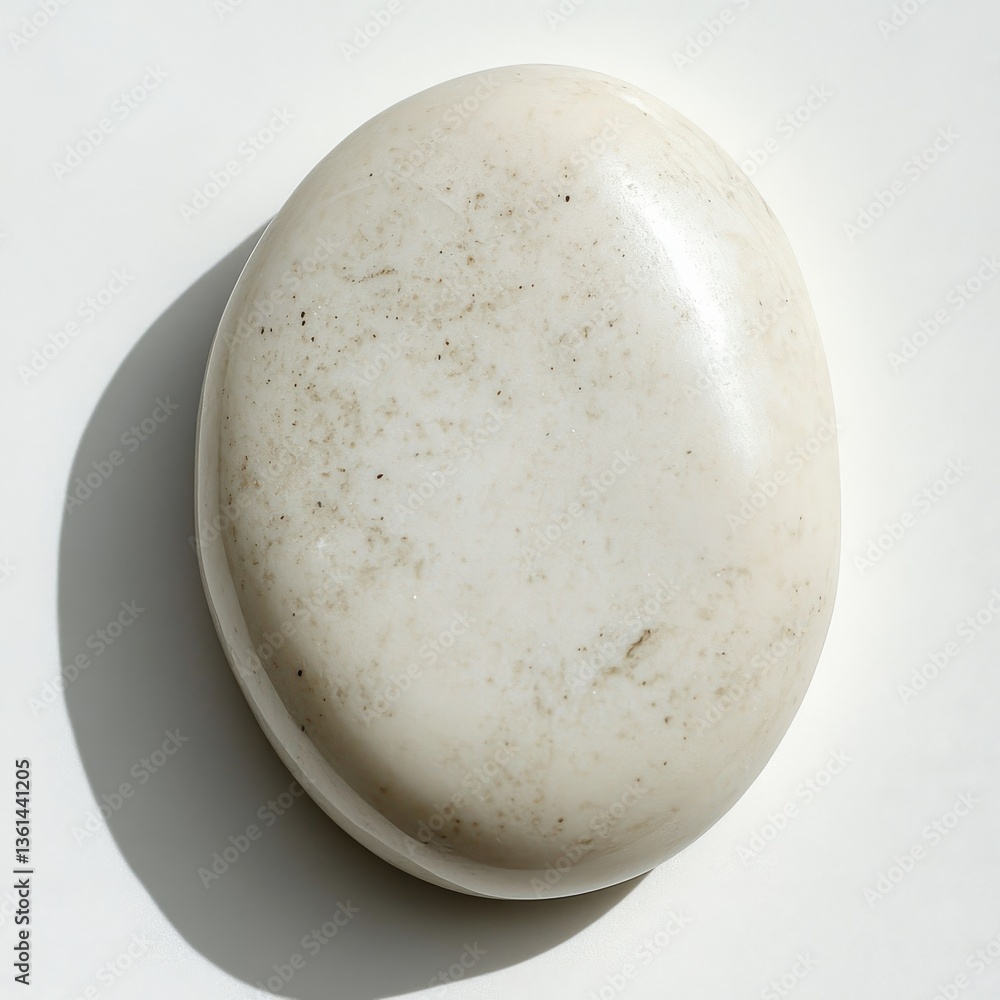 Poster tranquil simplicity: close-up of a smooth, cream-colored stone resting on a pristine white surface, 