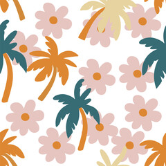 Palm Trees and Flowers Seamless Pattern in Vibrant Colors