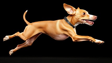 A vibrant fawn-colored whippet, full of energy and speed, leaps gracefully against a stark black background, showcasing its athleticism and breed characteristics in a dynamic