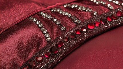 Fototapeta premium Burgundy Fabric with Rhinestone Embellishments: Close-Up Textile Detail