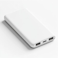 White Portable Power Bank Charger with USB and Type-C Ports on Clean Background for Device Charging