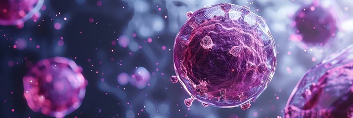 World Lupus Day. Purple viruses on a purple background. Horizontal banner. Copy space. Free space for text. Autoimmune disease and immune system disorders concept