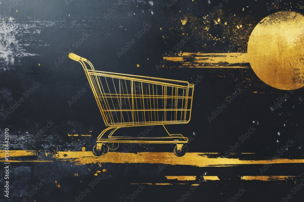 Poster golden grocery cart illustration featuring elegant typography with a luxurious black and gold aesthe