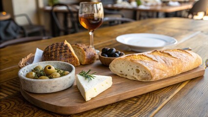 Delicious assortment of bread, cheese, olives, and wine on a wooden table.