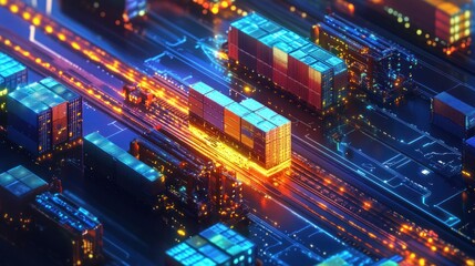 Obraz premium Futuristic Global Logistics Network with Illuminated Shipping Containers and Data Flow