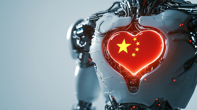 Technological Heart: A mechanical marvel with a heart-shaped display featuring the flag of China, representing artificial intelligence's evolution and patriotism.