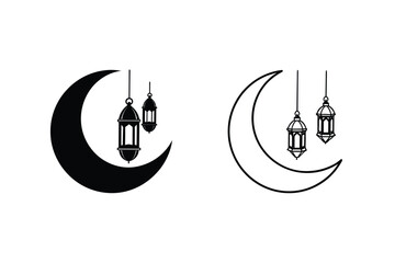 Crescent Moon, Ramadan Lanterns, Islamic, Festive, Symbols, Design, Icons, Black, White, Illustration