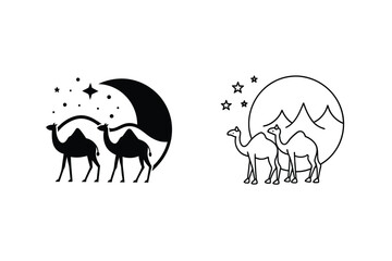 Desert Camels Silhouette Night Sky Moon Stars Mountains Logo Design