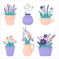 Set of flower pots with flowers. Hand drawn