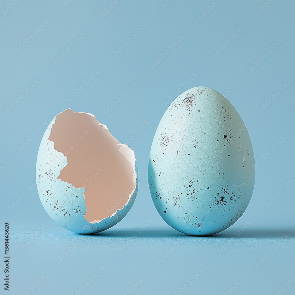 Aufkleber minimal composition featuring two blue eggs, one cracked open to reveal smooth inner surface. eggs a